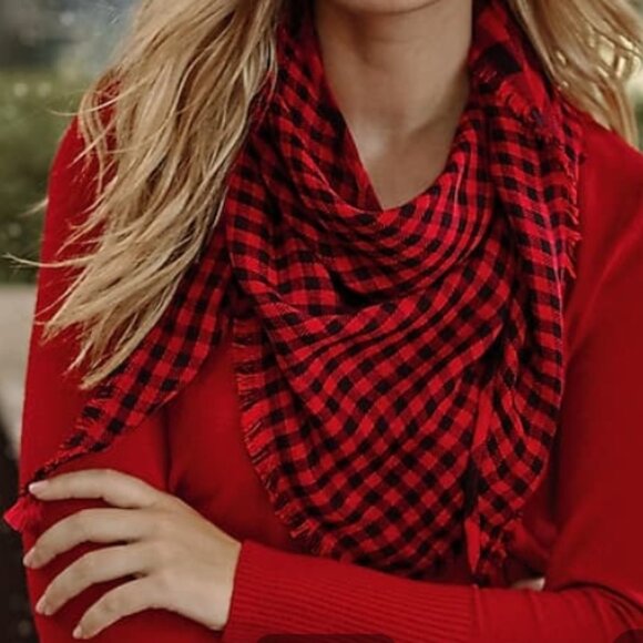 J. Jill 100 % Cotton NWT $39 Red/Black Double-Faced Buffalo Print Plaid Scarf - Picture 2 of 4